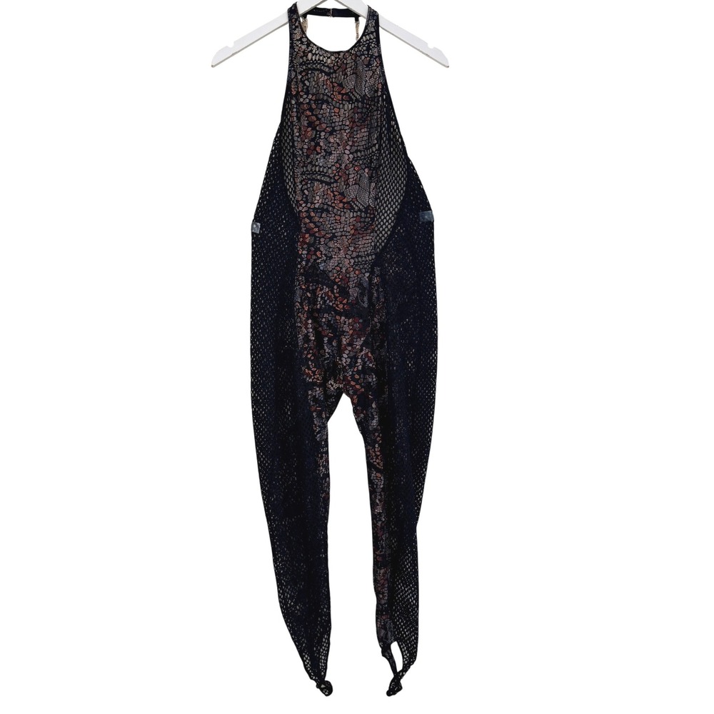 Savage X Fenty Womens Medium Black Lace Fishnet Catsuit Gold Chain Jumpsuit- M - Picture 2 of 16